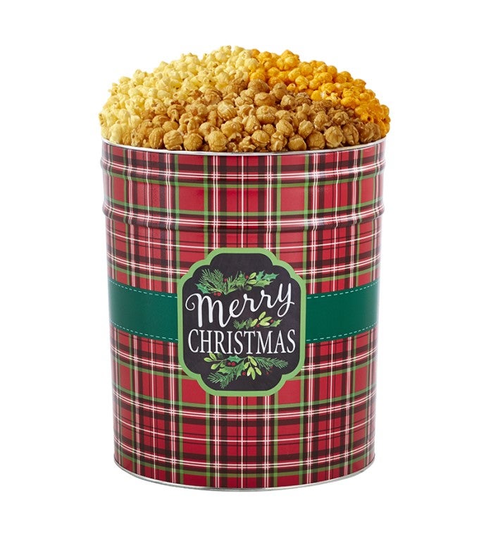 Merry Christmas Plaid 3 1/2 Gallon 3 Flavor Popcorn Tin
